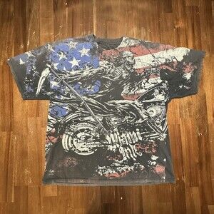VTG AOP Miami Ink Shirt Mens XL American Flag Skeleton Biker All Over Tee